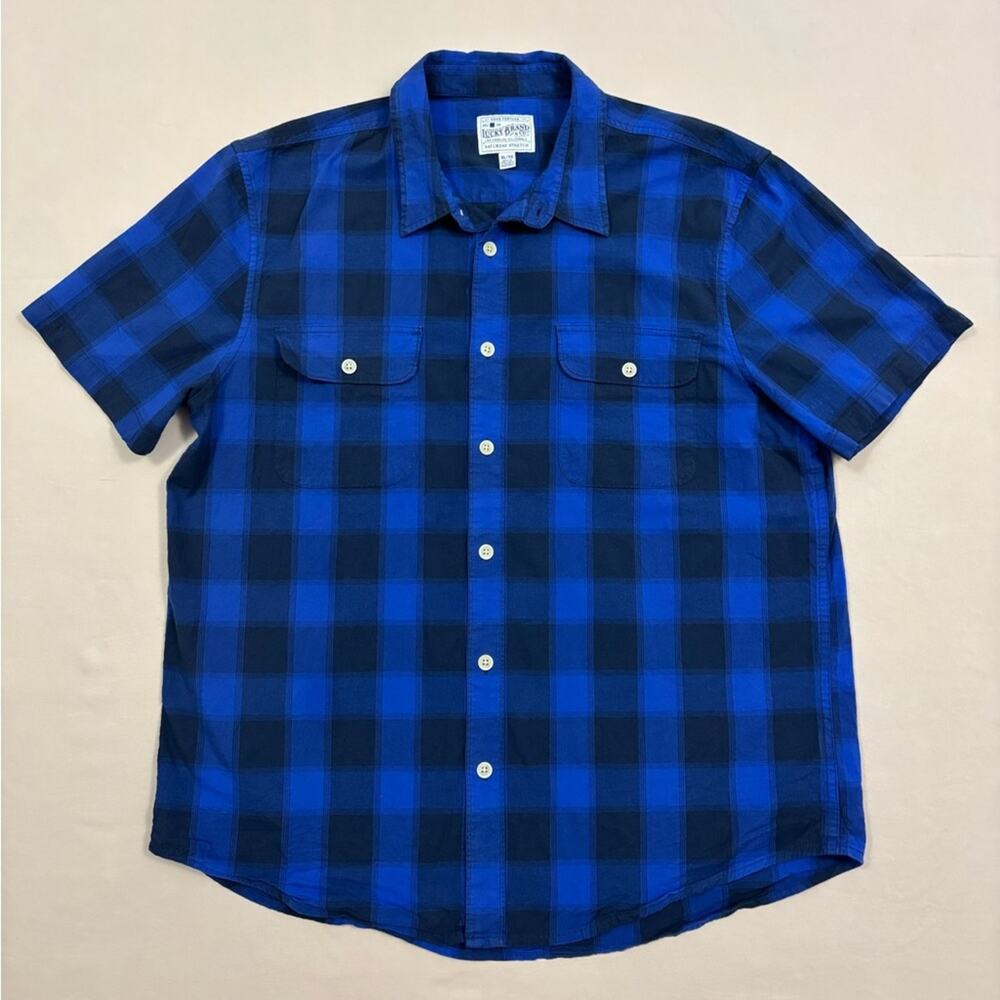 Lucky Brand Men’s Blue and Black Short Sleeved Shirt Checkered Shirt Size XL